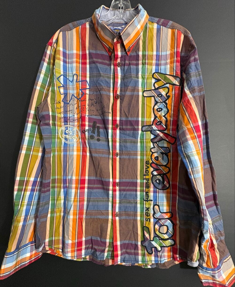 Desigual XL Plaid Shirt Multicolor Embroidered Graphic Y2K Button Up 41C1229